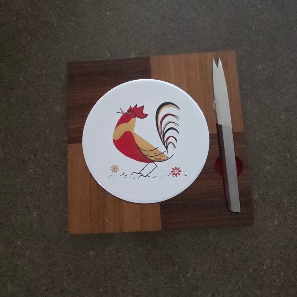 Vintage Rooster Cheese Board & Knife Set‎ Mid Century Kitchen Decor